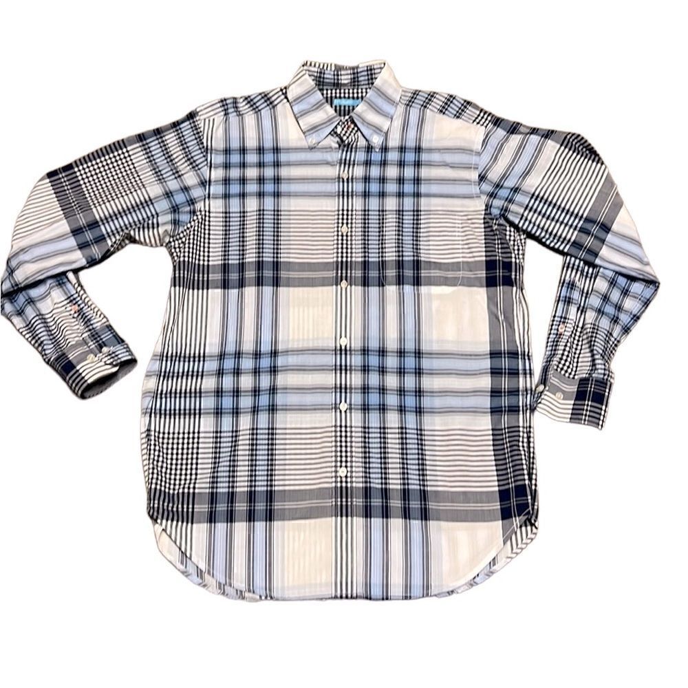 J McLaughlin Men’s Medium Blue and White Plaid Long Sleeve Button Down Shirt